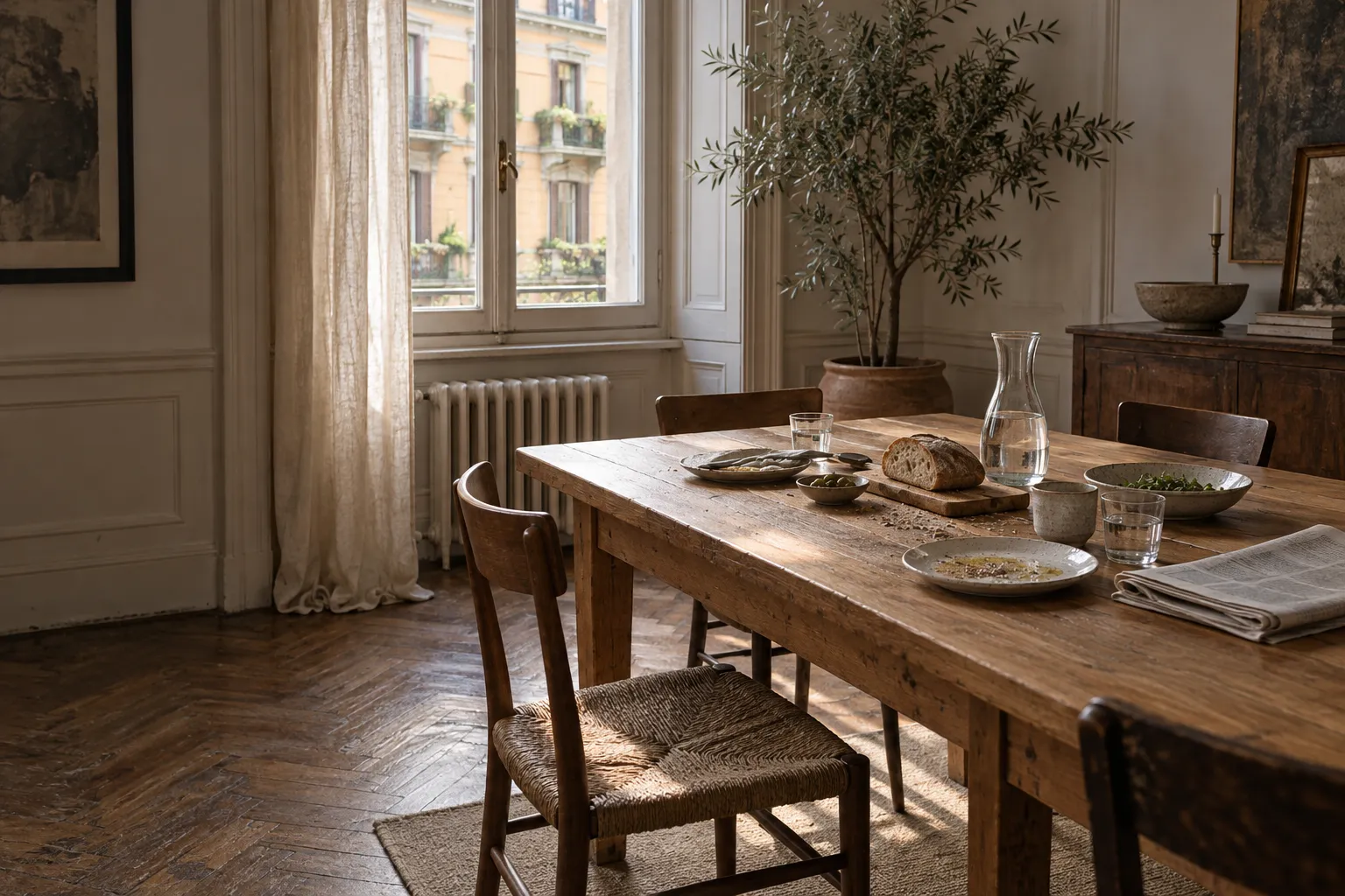 Tavolo in rovere massello apparecchiato in un soggiorno milanese con parquet a spina di pesce e luce del mattino