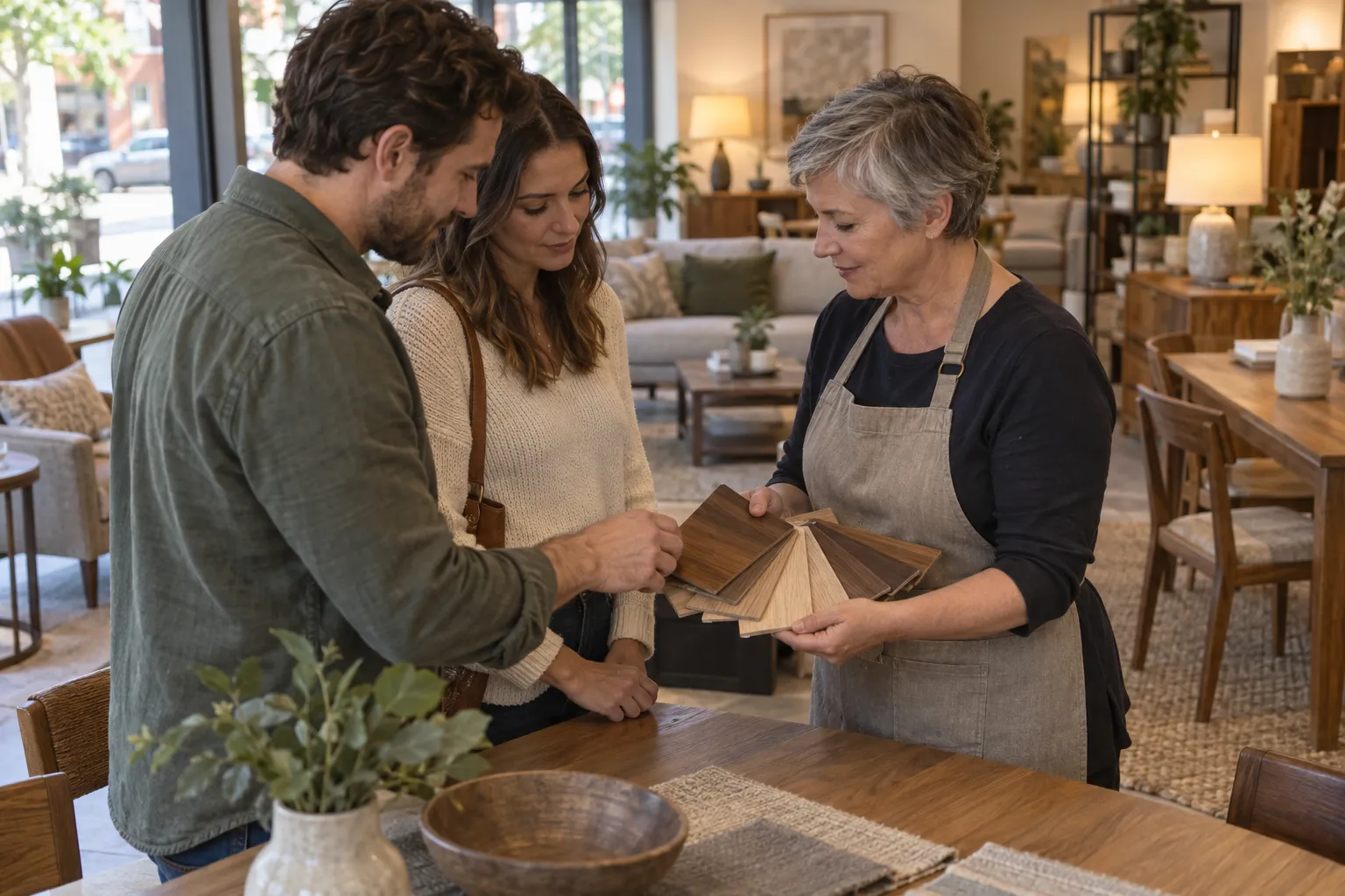 Coppia che sceglie un campione di legno insieme a una consulente nello showroom