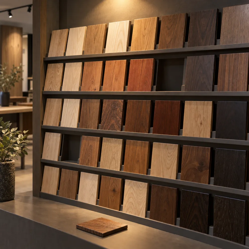Parete di campioni di legno con finiture diverse nello showroom