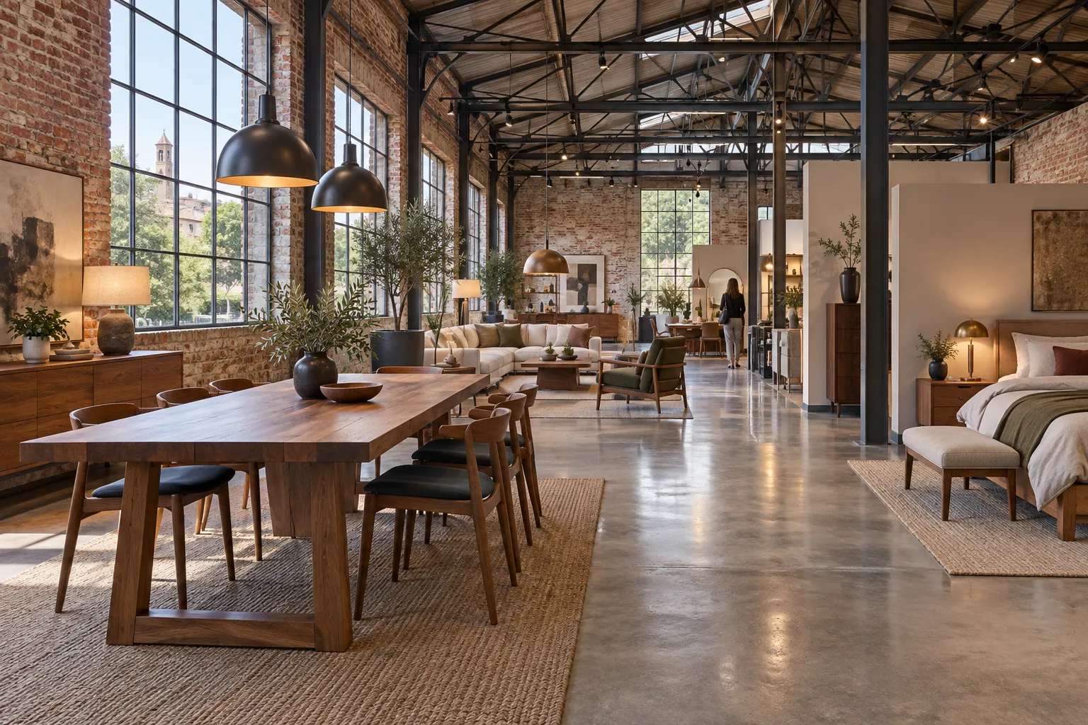 Showroom Treetalee in un ex laboratorio con mattoni a vista e tavoli in legno massello