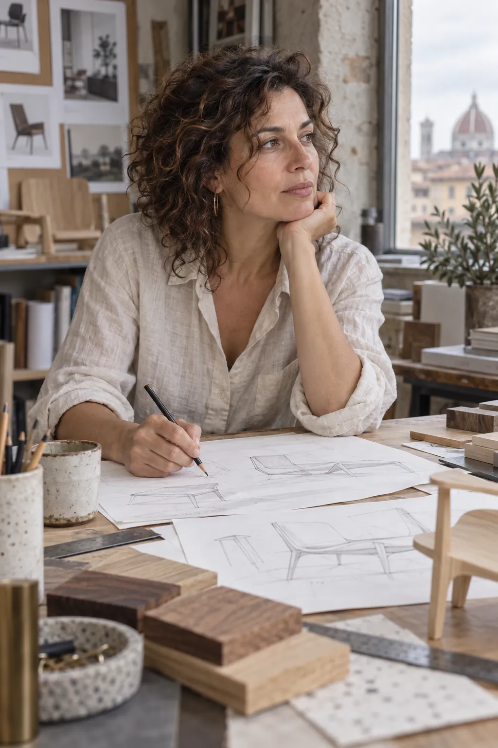 Ritratto di Giulia Ferrari al tavolo da disegno