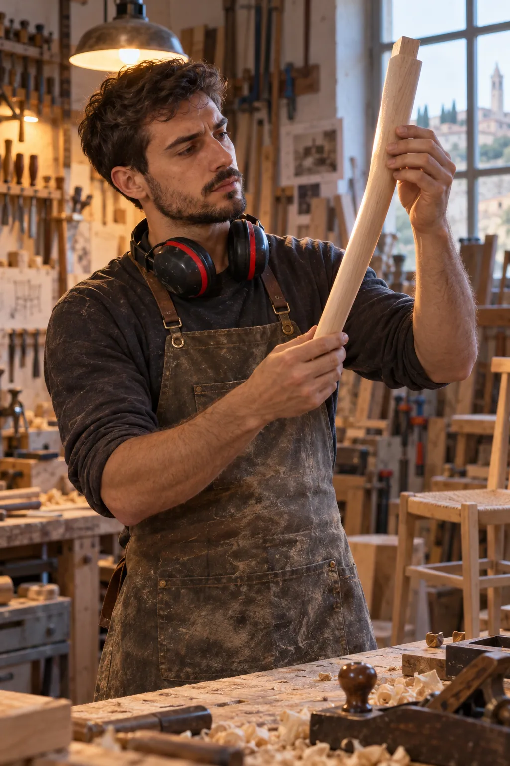 Ritratto di Luca Brambilla che controlla una gamba di sedia