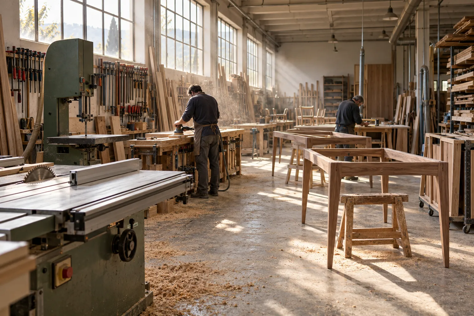 Interno del laboratorio Treetalee con sega a nastro, banchi e due falegnami al lavoro